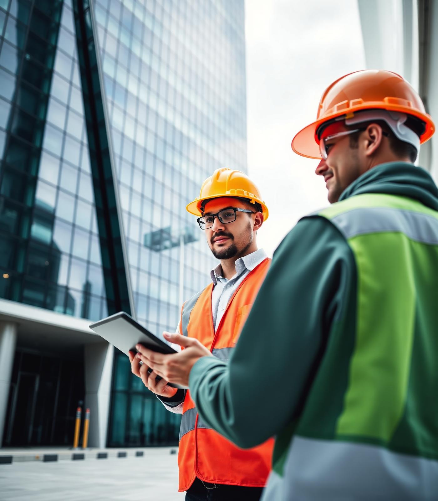 Engenheiro analisando edifício com tablet